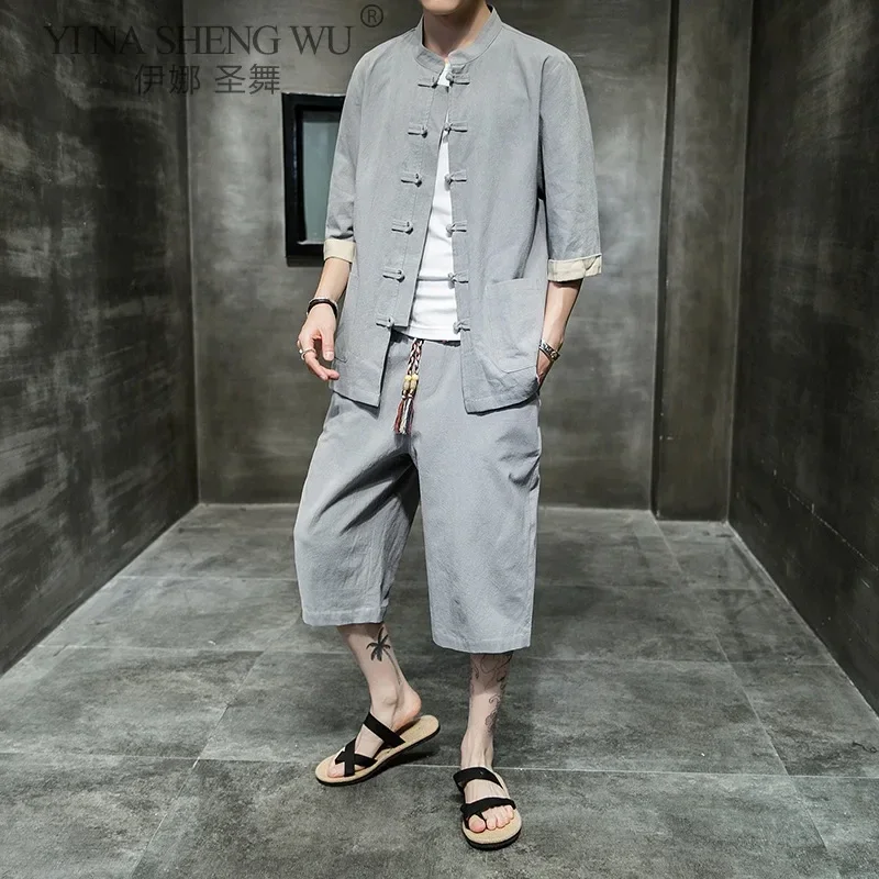 Japanese Traditional Kimono Summer Pants Two-piece Jacket for Men, Japanese New Loose Short Open Collar Harajuku Set