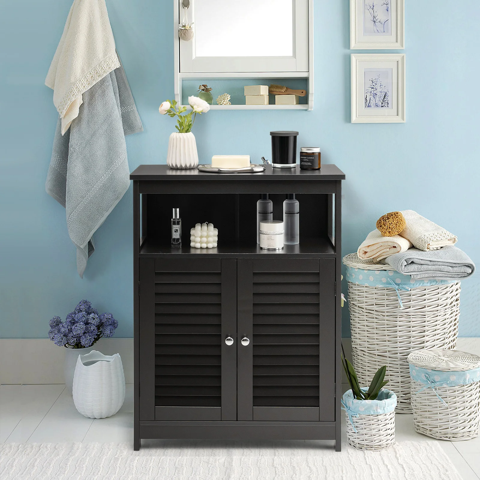 

Modern Multifunctional Bathroom Storage Cabinet Wooden Floor Cabinet With Double Rolling Shutter Doors Home Bathroom Kitchen