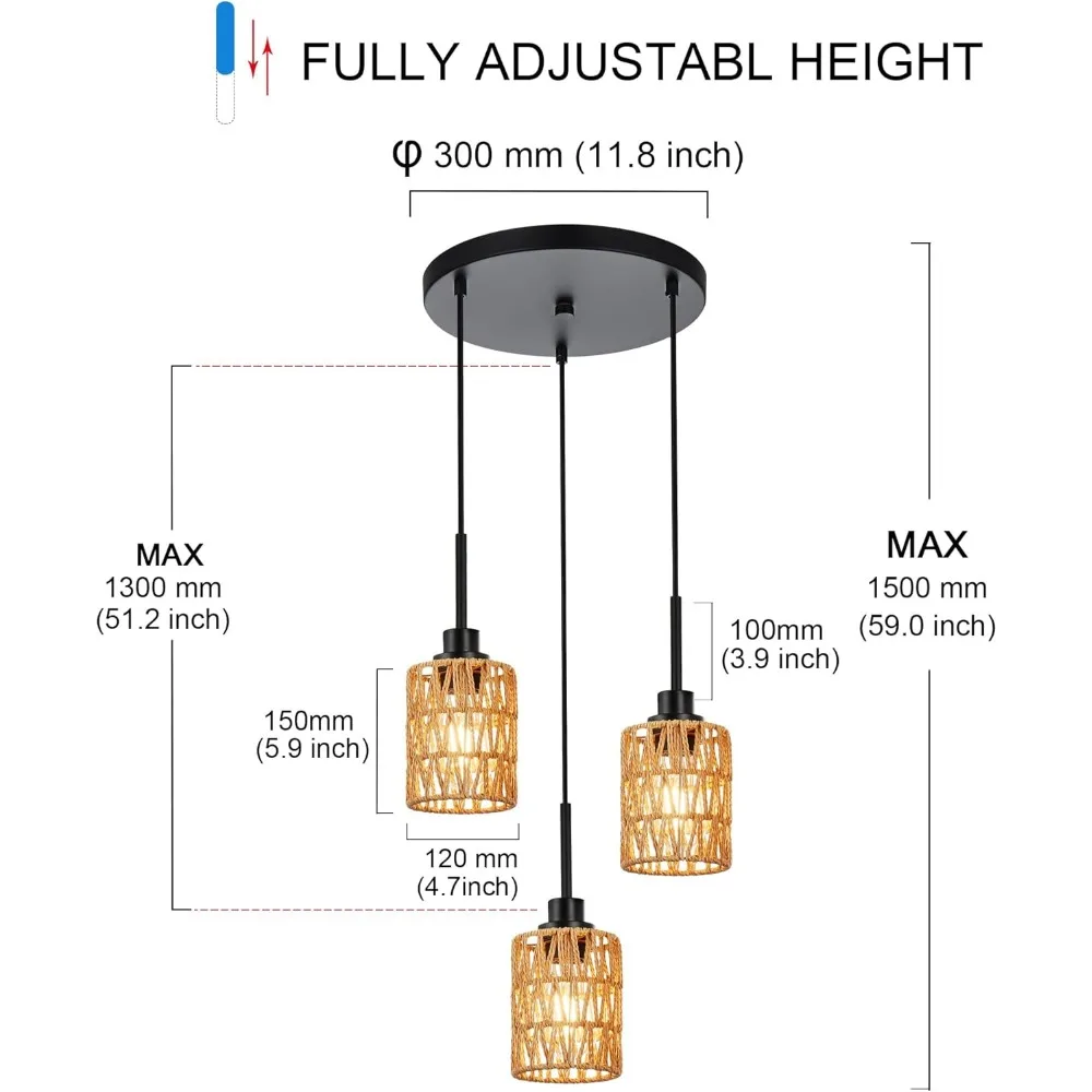 3-lichts rotan hanglamp boerderij Boho hanglamp met rieten tinten voor eetkamer, keukeneiland, slaapkamer