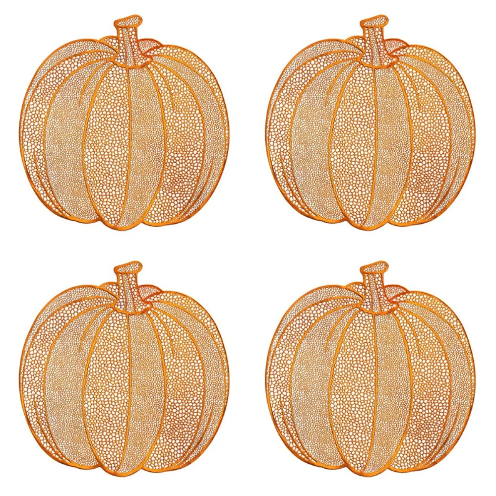 4PCS Metallic Color Halloween Hollow Pumpkin Placemat Anti Slip Waterproof Heat-insulating Coaster Washable Wipeable