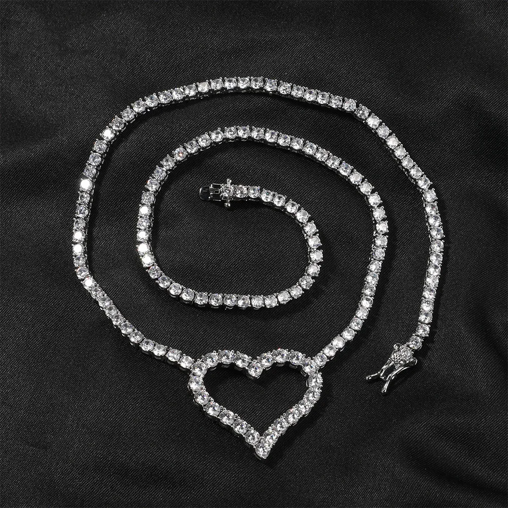 

Теннисная цепочка в стиле хип-хоп в западном стиле с сердечком 3 мм, инкрустация кубическим цирконием, унисекс, универсальный модный ювелирный аксессуар