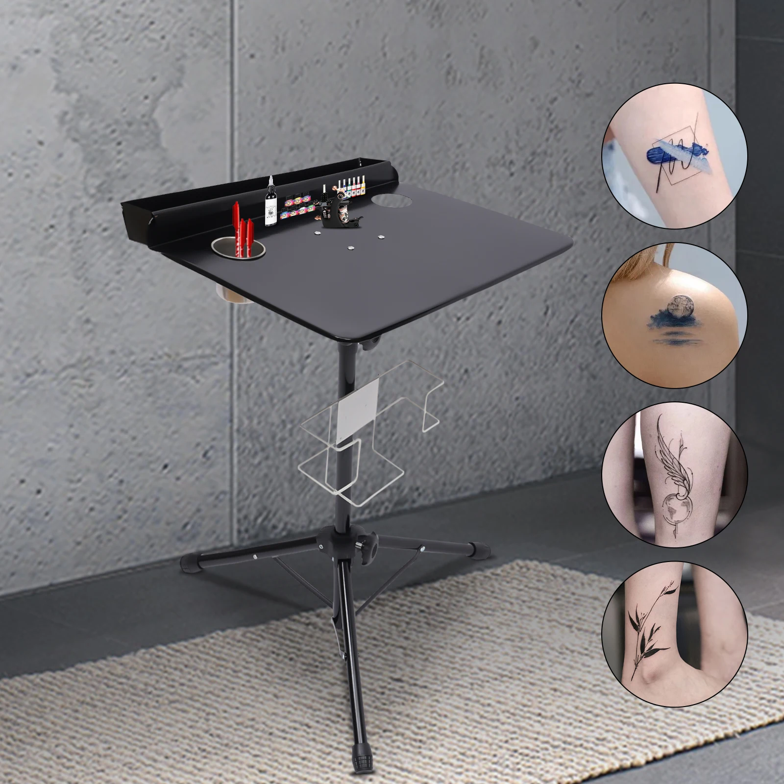 แบบพกพา Tattoo Workbench Stand สีดําอิสระ Tattoo Workstation ปรับความสูง Tattoo ตารางสําหรับผู้เริ่มต้น