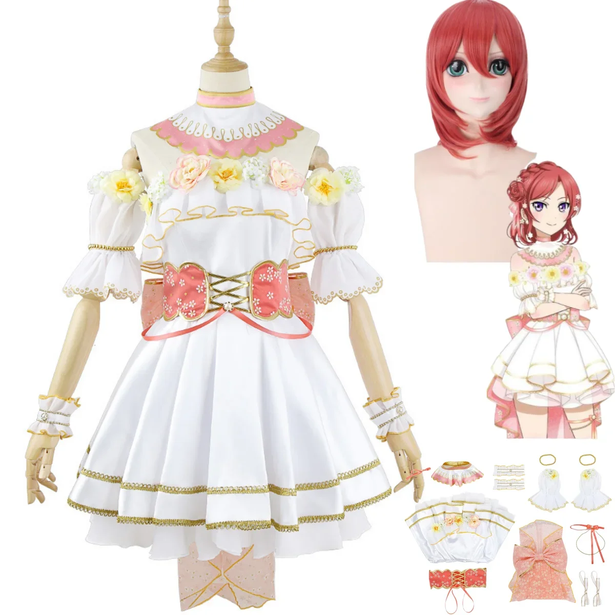 ¡Anime LoveLive! Disfraz de Cosplay Maki Nishikino para mujer, peluca, hermoso vestido, flores, uniforme, falda de princesa, traje de Carnaval Kawaii Sexy