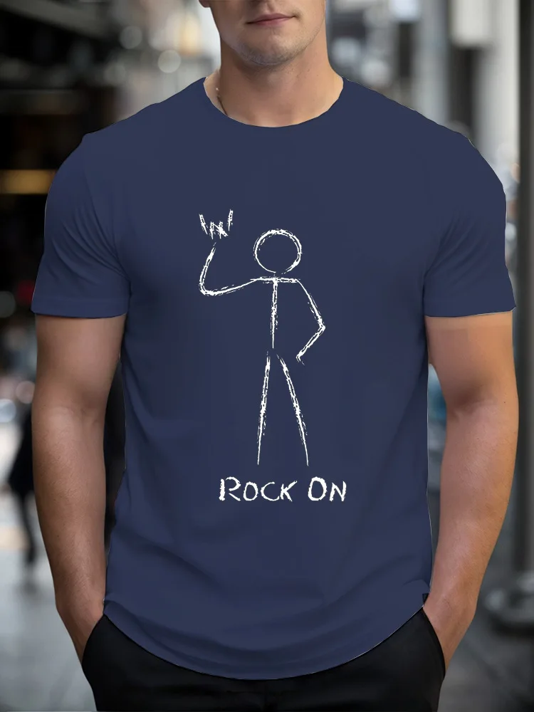 Mens Crew Neck T Shirt Rock On Stick Figure Graphic Tee Rock Music Fan Casual Short Sleeve Tops For Concert Gift Wear