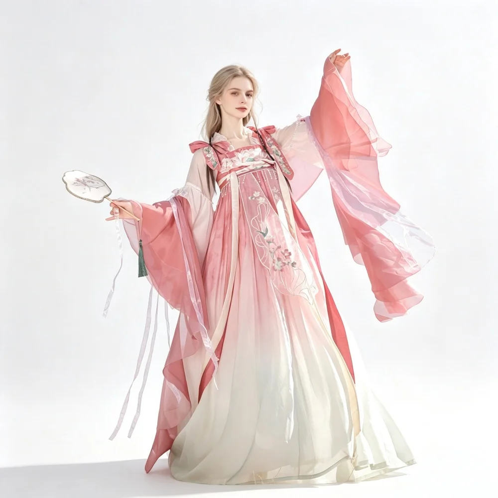 USHINE Hanfu Dress Women Chinese Traditional Tang Dynasty Ancient Costume Gradient Floral Embroidery Fairy Cosplay Outfit