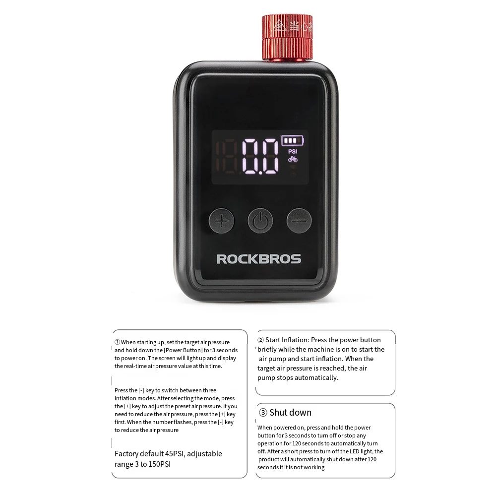 ROCKBROS 150 PSI Electric Mini Pump with Digital Display, MINI Quick Rechargeable Tire Inflator