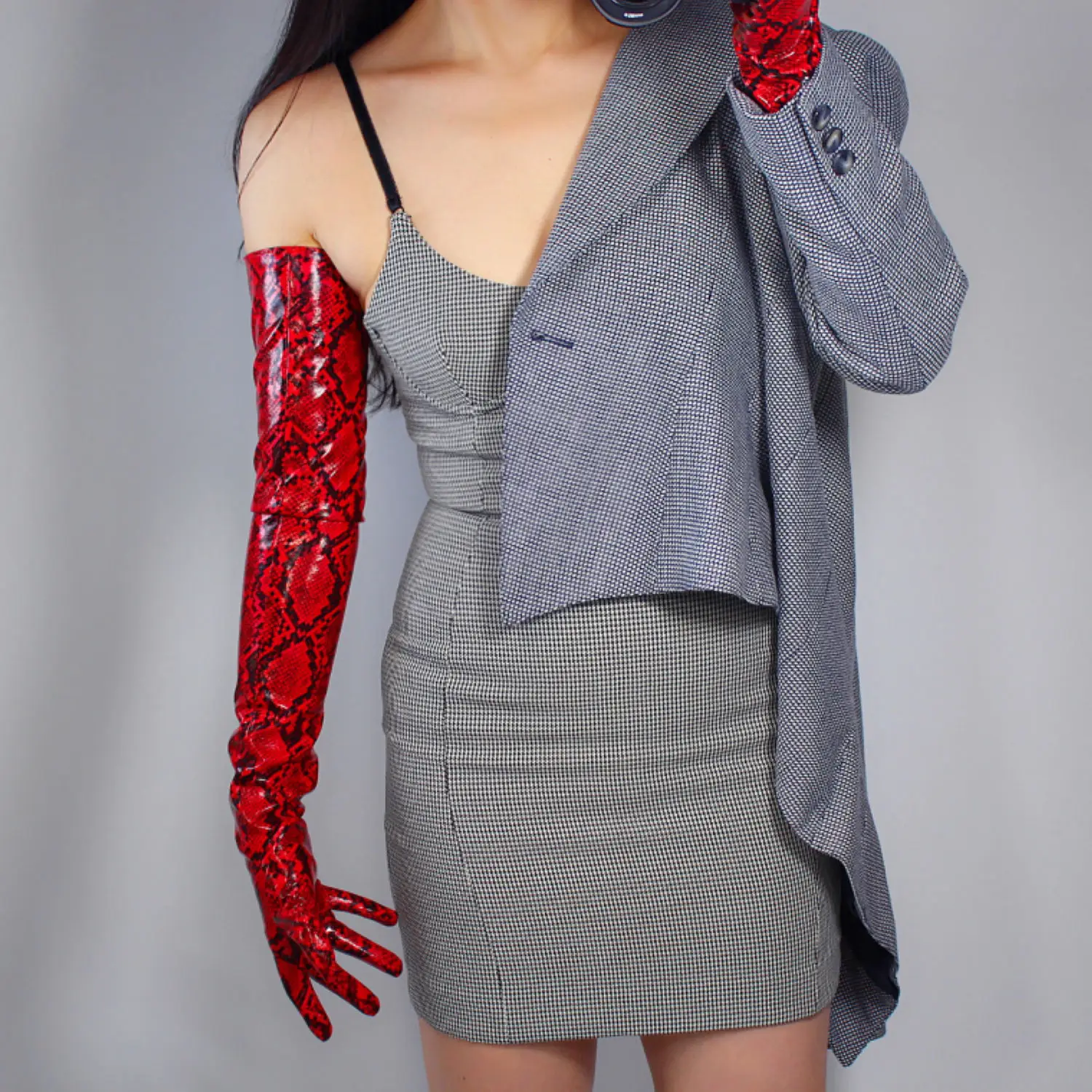 Красные латексные перчатки Red Snake из искусственной лакированной кожи, 28 дюймов (70 см), очень длинные, с блестящим принтом под кожу питона, для модных костюмов, косплея, Хэллоуина