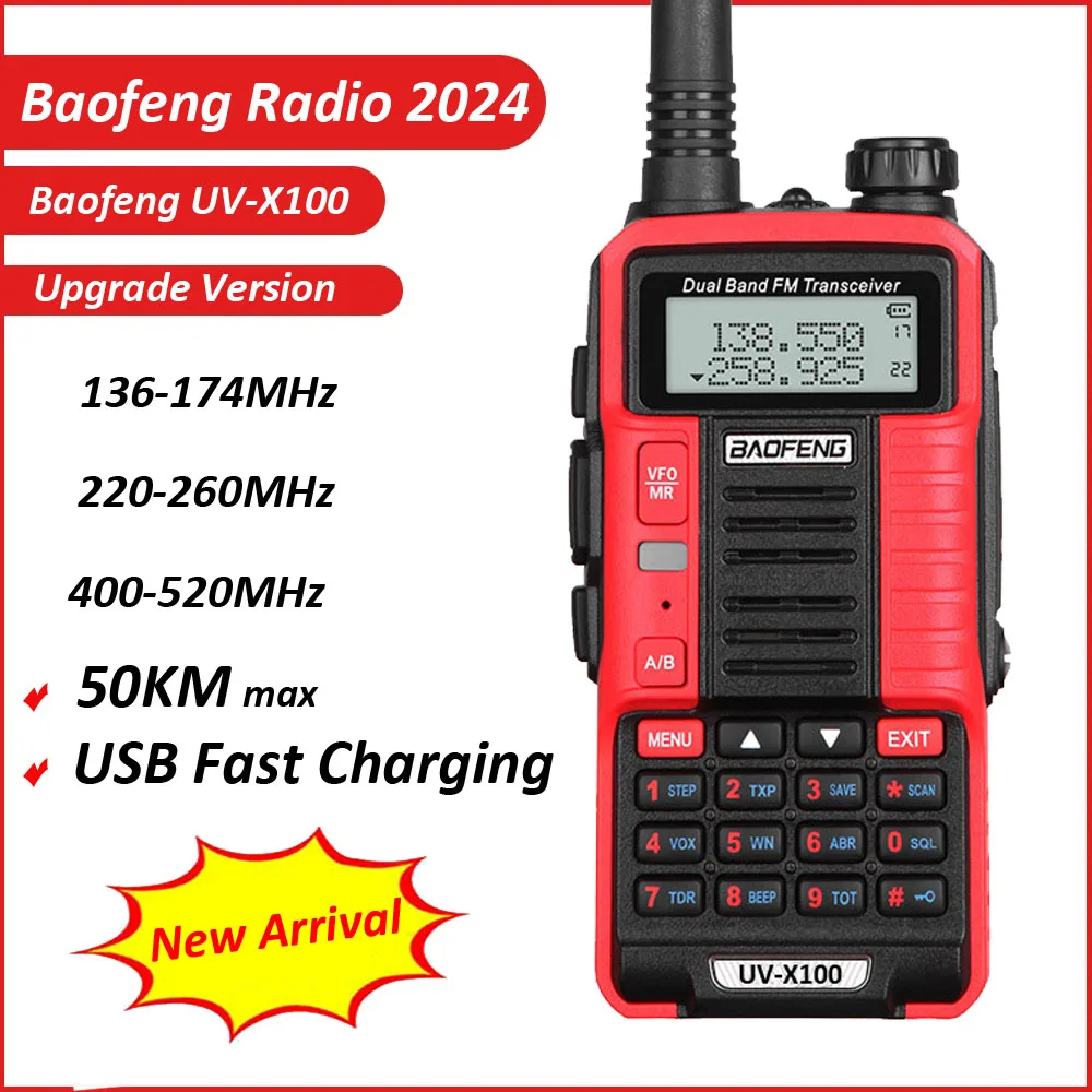 Baofeng-walkie-talkie UV X100 de largo alcance, transceptor de Radio HF de doble banda, alcance máximo de 50KM, carga rápida por USB, 2024