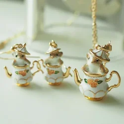 Creative Cute Chipmunks Medieval Noble Tea Set Earrings Necklace Handmade Oil Drip Teapot Pendant Jewelry Set Party Accessories