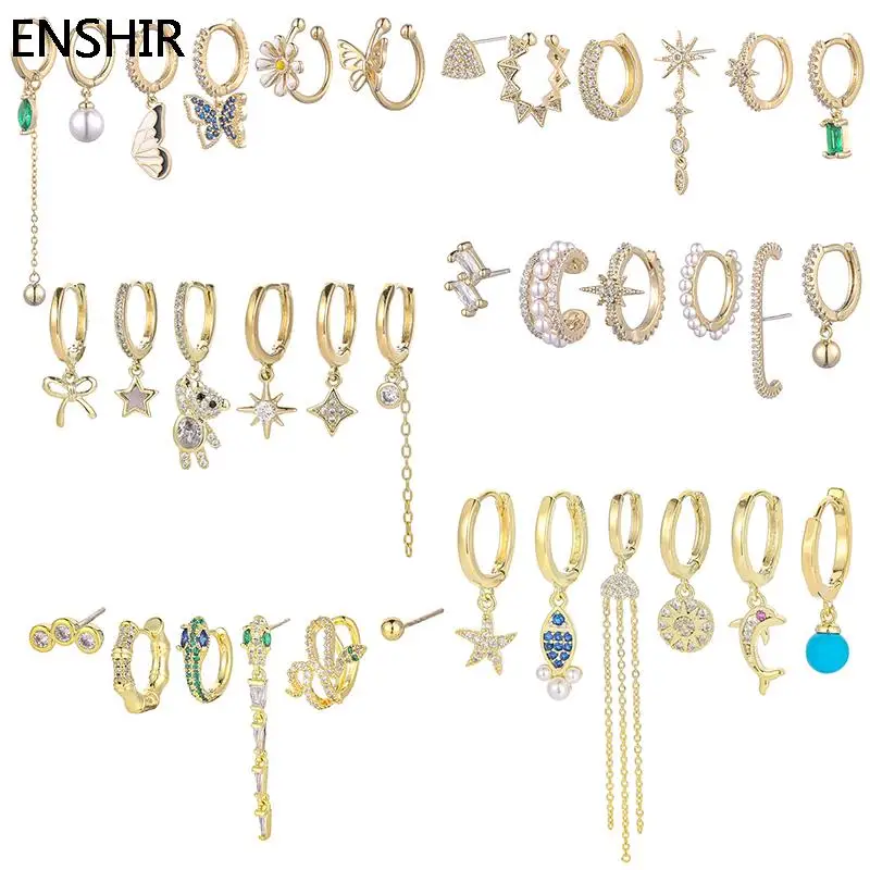 ENSHIR 6 Piece Set Geometric Butterfly Pearl Pendant Hoop Earrings for Women Zircon Ear Buckle Ear Studs Femme Jewelry