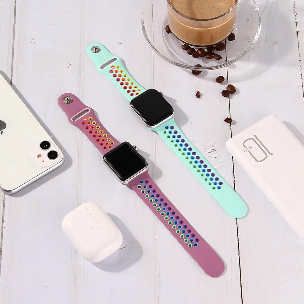 ชุดนาฬิกา Apple 6/SE/5/4/3/2/1 Breathable สายรุ้งสีสันซิลิโคนสำหรับ iwatch 40มม.44มม.38มม.42มม.