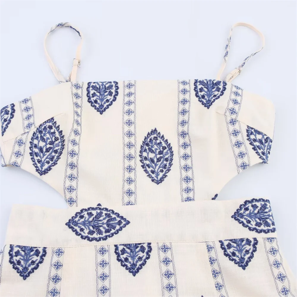 Women's Fashion Open Design Hollow Embroidery Strap Long Dress Summer New Style Slimming Midi Dress