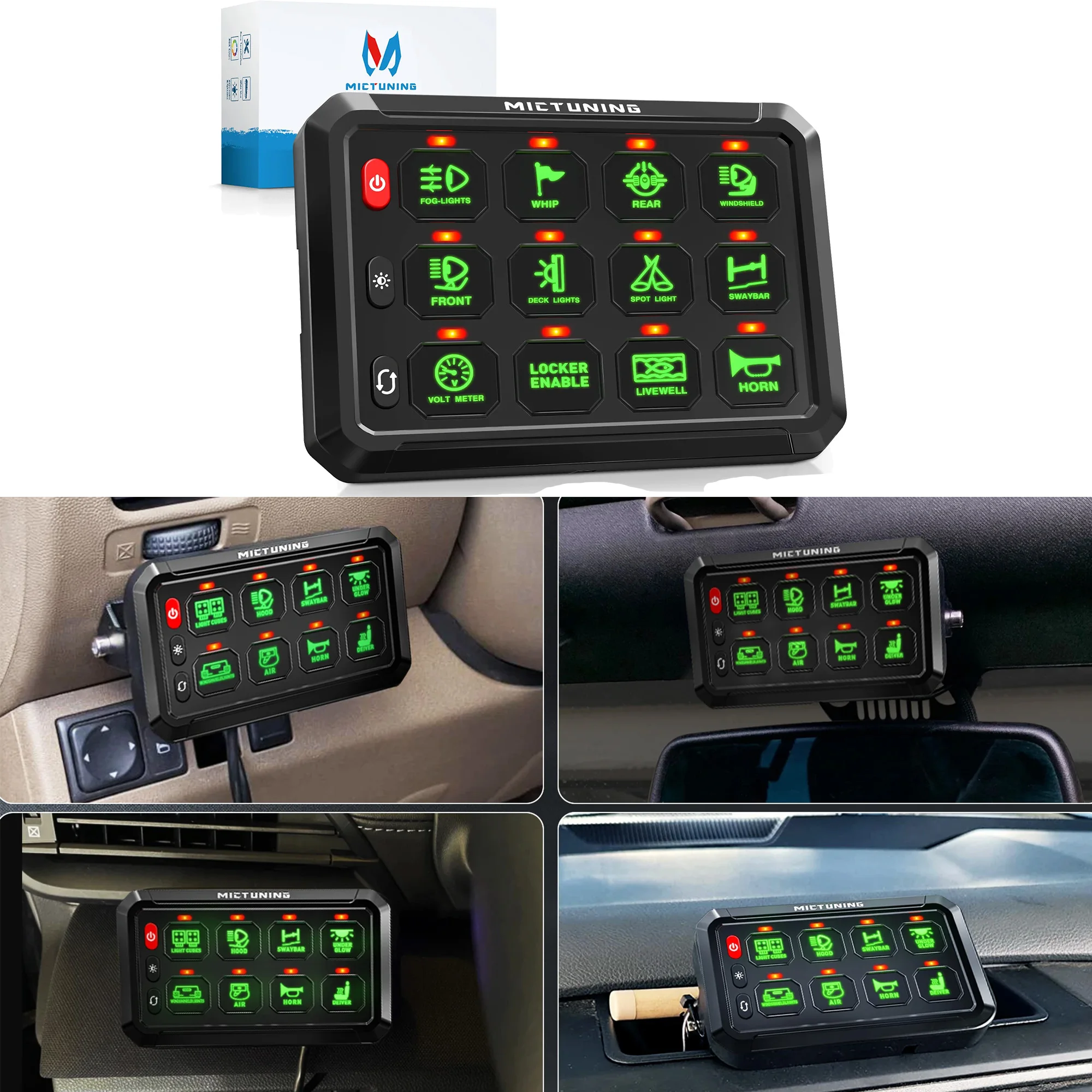 MICTUNING P1S Series Green 8/12pods Basic Switch Plates, Featuring a Circuit Control Relay Box; Versatile And Easy To Operate