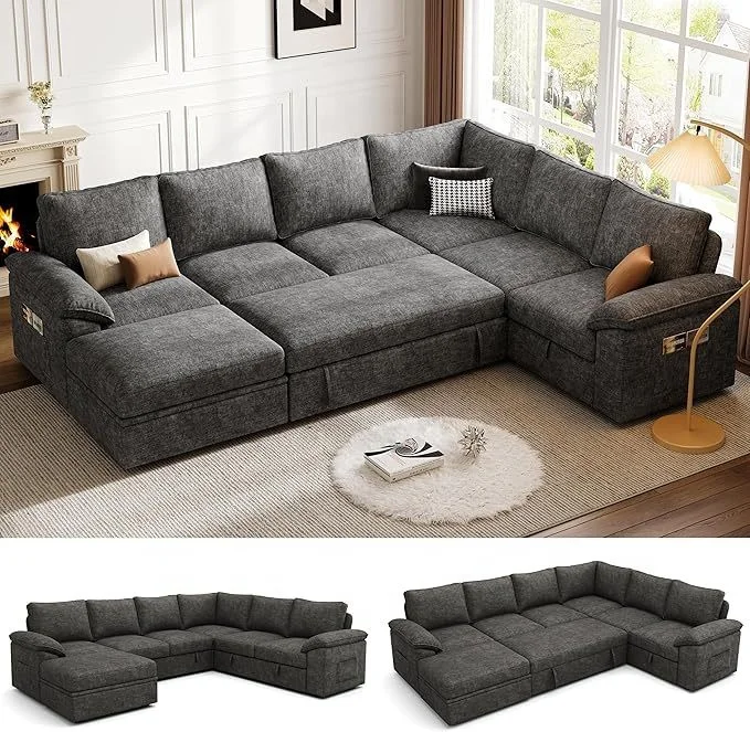 

#Modern Convertible U-Shaped Sectional Sofa Pull-Out Sleeper Bed & Storage Oversized Modular Living Room Furniture for Apartment