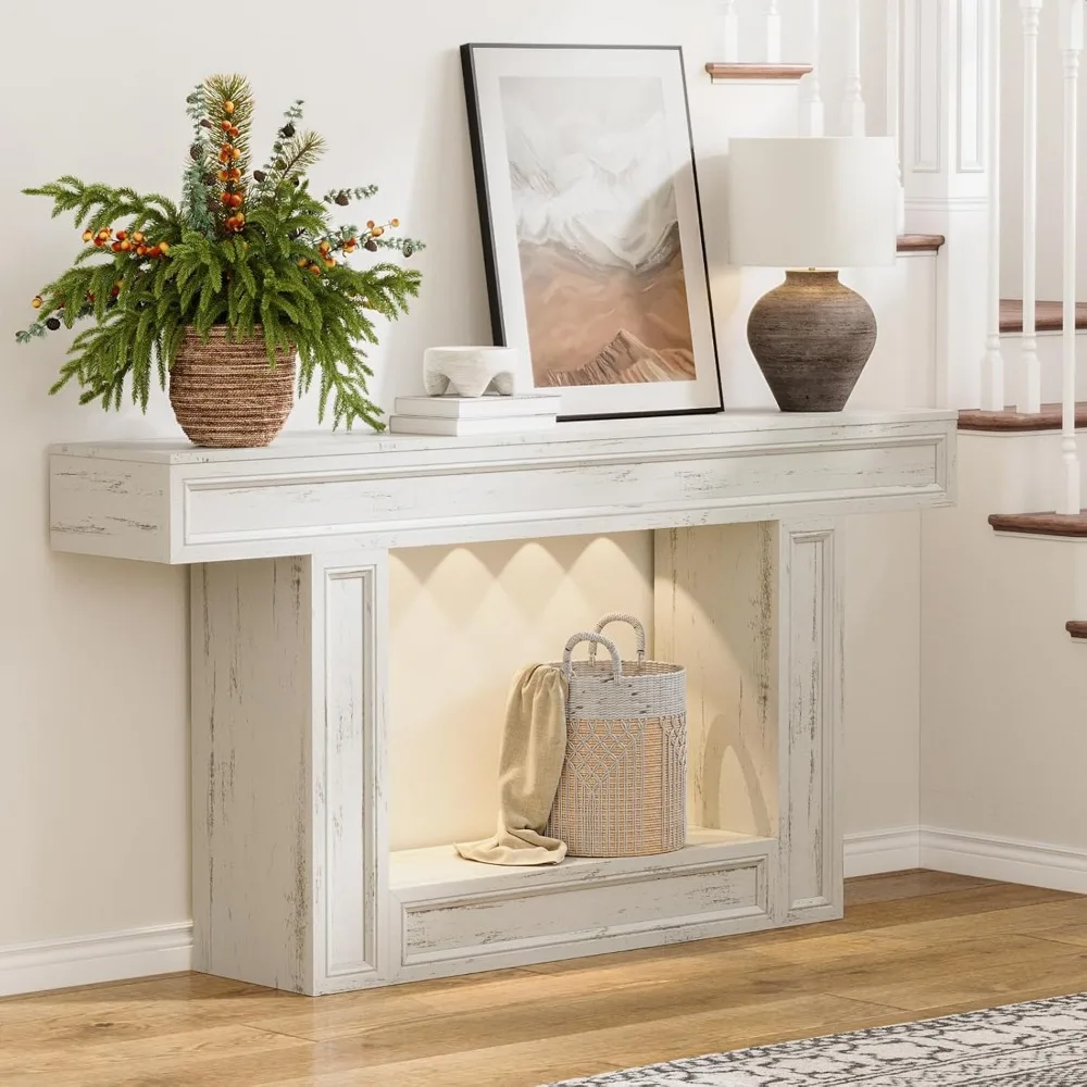 طاولة وحدة تحكم من طبقتين مع أضواء مستشعر للمدخل، وطاولة قهوة خلف الأريكة، وقاعدة على شكل حرف U مناسبة لمختلف المساحات