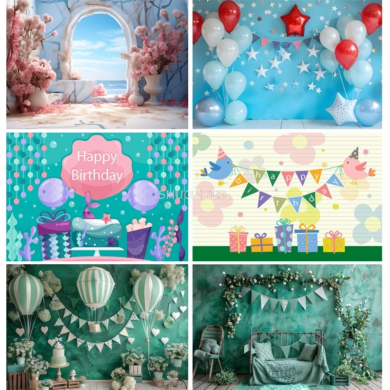 

Hot air balloon Happy Birthday Photography Background Football Floral Arch Rocket Soccer Baby Party Carrots Backdrops FB-01