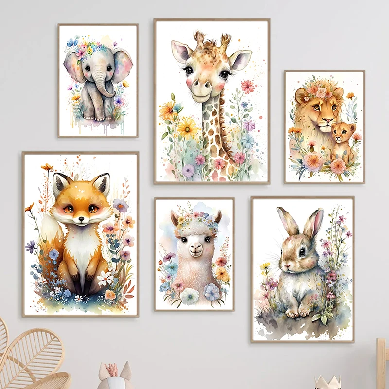 Carteles de pared de acuarela nórdica, jirafa, León, Safari, animales con flores e impresiones, pinturas en lienzo, imágenes murales para decoración