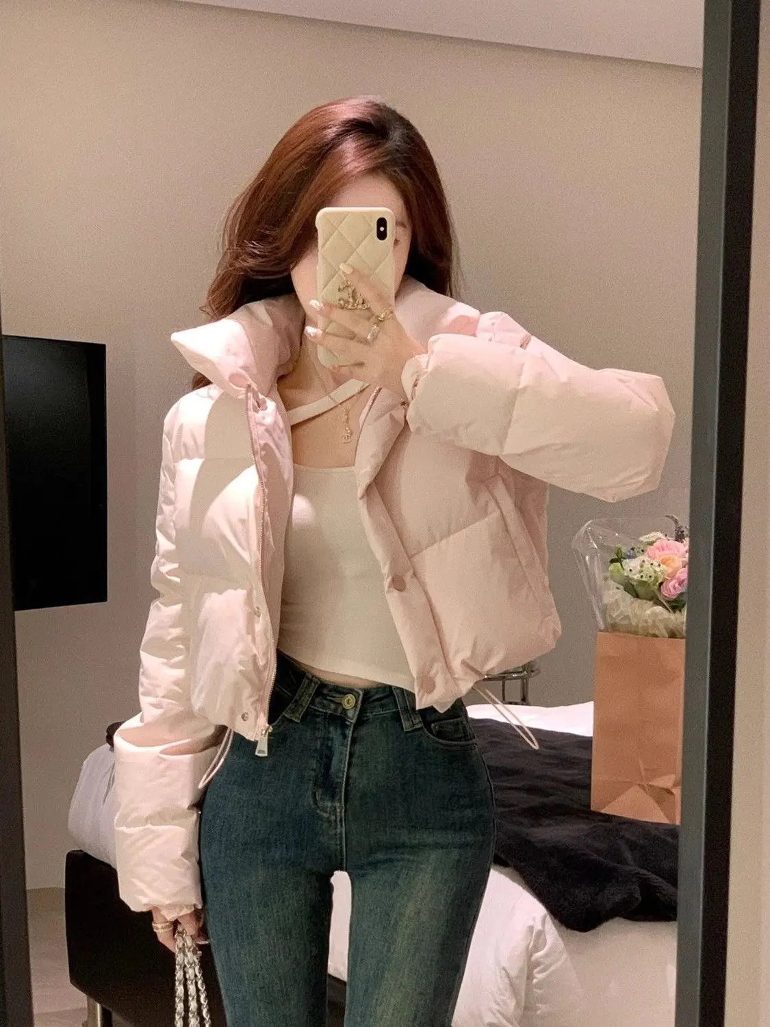 Korejpaa Light Pink Parkas Mujer Korean Fashion Warm Short Jacket Solid Color Long Sleeve Top 2024 Winter Coat Women Clothes