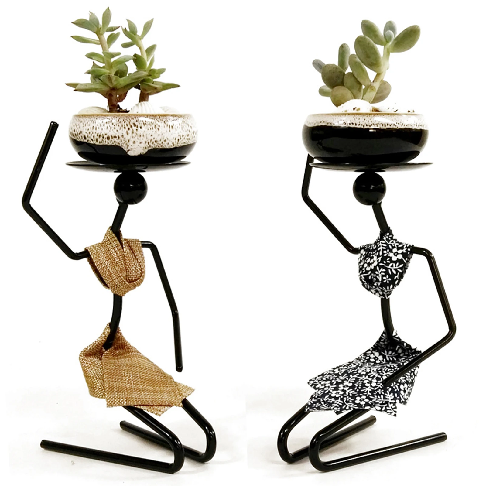 Iron Mini Succulent Plant Pots Creative Art Small Flower Pot African Woman Stand Home Desktop Decoration Succulent Holder Garden