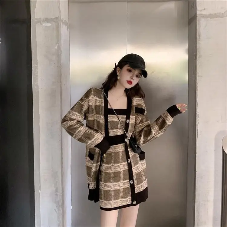 Knitted Sweater Jacket Suspender Plaid Hip-Covering Skirt Three-Piece Set Autumn Winter Temperament Royal Sister Suit