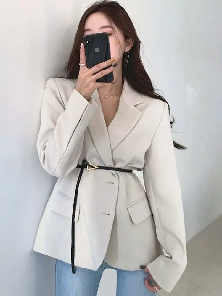 UNXX Blazers Women Tops 2023 Autumn Korean Belt Slim Waist Suit Jacket Long Sleeve Turn Down-collar Coat Matching  Harajuku