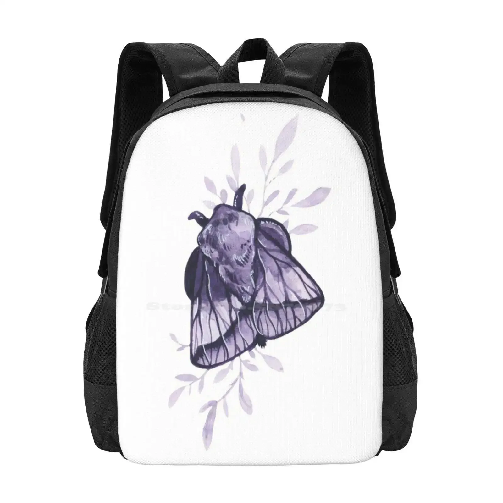 

Amethyst Moth Hot Sale Schoolbag Backpack Fashion Bags Moth Watercolor Leaves Monochrome Insect Cute Nature Purple