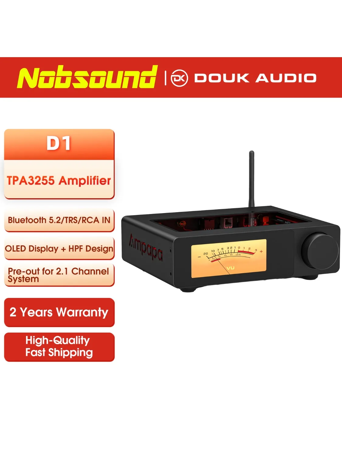 Wzmacniacz stereo D1 Blueooth 5.2 z cyfrowymi miernikami VU i filtrem wysokotonowym HiFi do domu z regulacją tonów wysokich i niskich — zdjęcie produktu 7