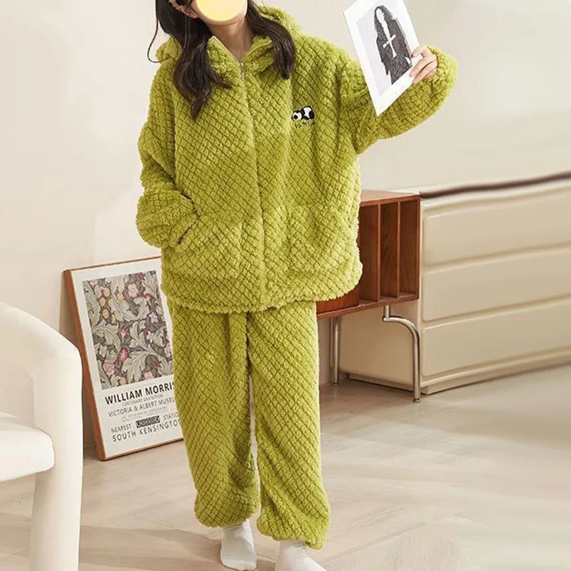 Autumn Winter Women Pajama Sets Flannel Sleepwear Hooded Tops+Pants 2Pcs Suits Thicken Warm Nightwear Coral Fleece Home Clothes