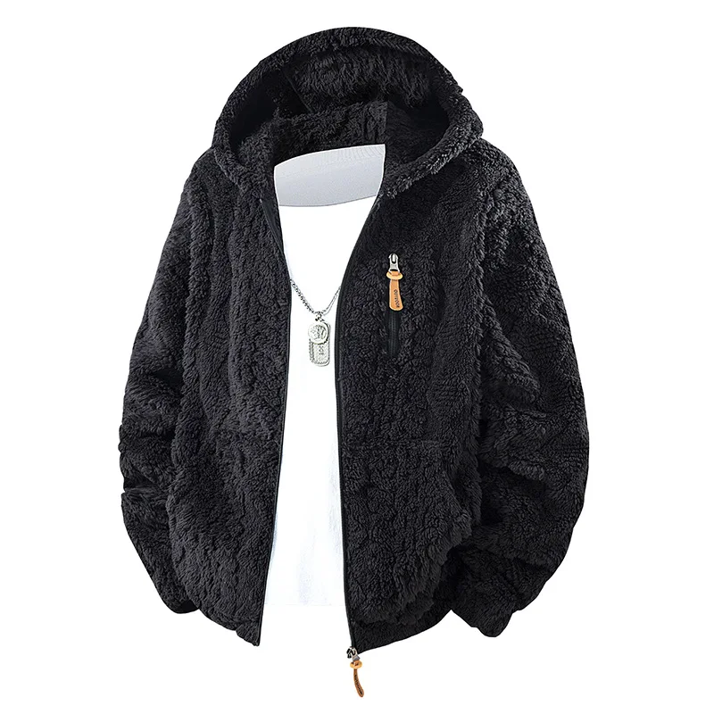 Mens Hooded Sherpa Fleece Jacket Autumn Winter Loose Thick Warm Coat Casual Daily Outerwear Soft Windproof Men Winter Outfit