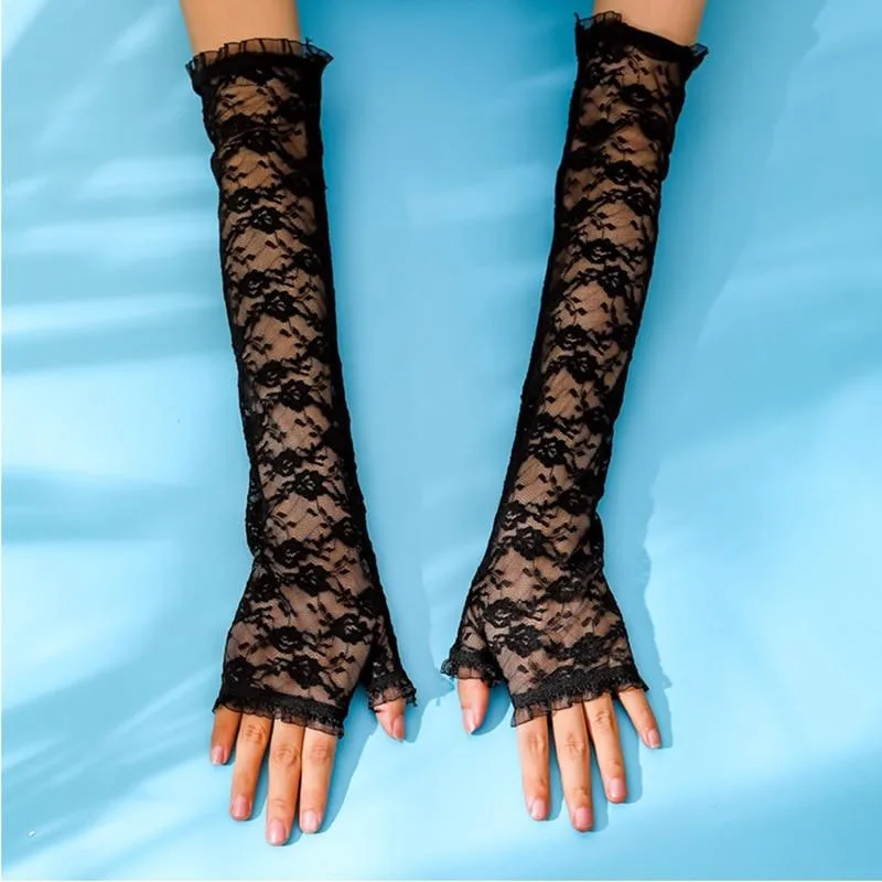 

1Pair Long Lace Hollow-Out Fingerless Gloves Sun Protection Sleeves Mesh Lace Thin Sexy Accessories Black Bare Finger Gloves