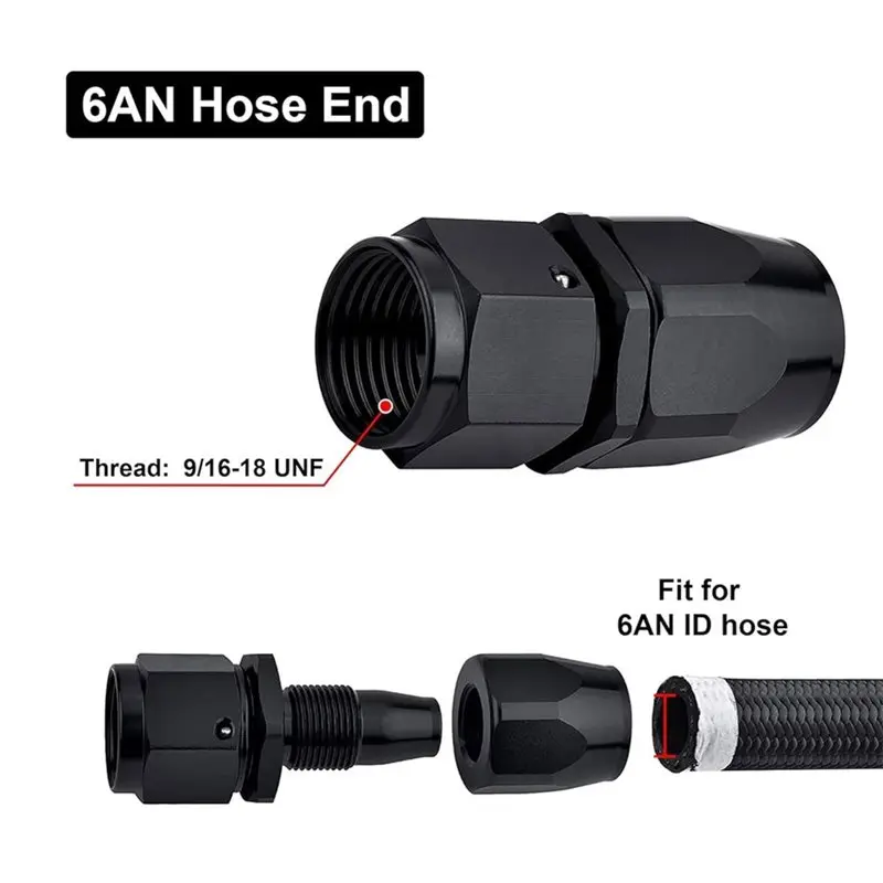 BHTS-6AN Hose End Fitting Kit Straight 45° 90° 180° Design Includes AN6 Male To Male Coupler& 6AN Hose Separator Clamp Degree
