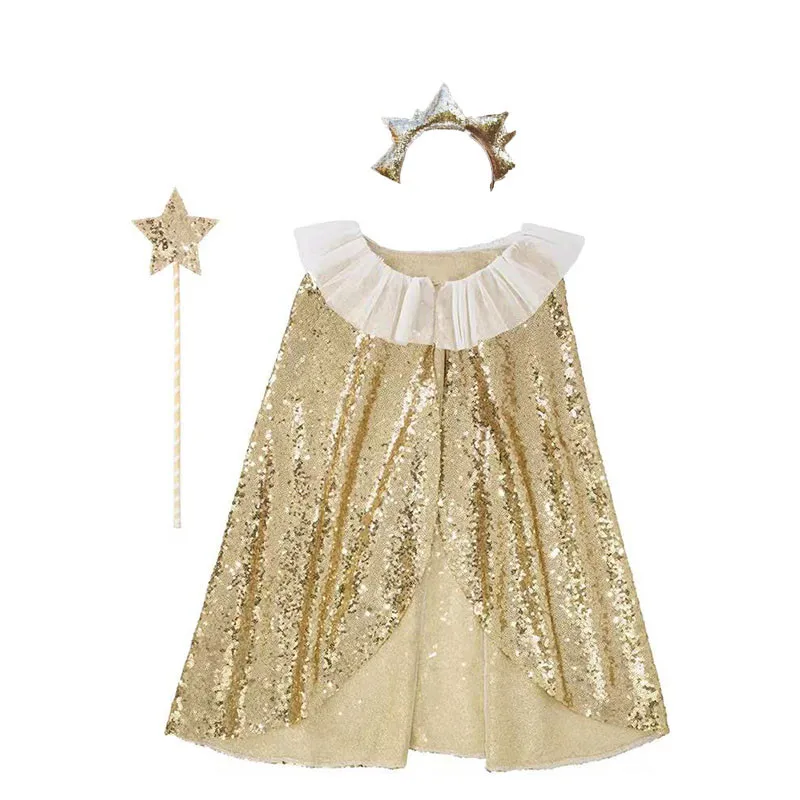 EnkeliBB Kids Girl Party Coat Sequin Cape And Fairy Sticks And Headgear 3pcs Children Birthday Party Festival Coats Wholesale