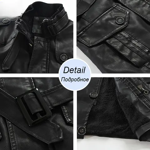 Herr Vinter Lång Tjock Fleece PU Läderjacka Herr Streetwear Casual Affärskläder Fickläderjackor Kappa Ytterkläder Herr 10 best sales läderjackor för män - №4