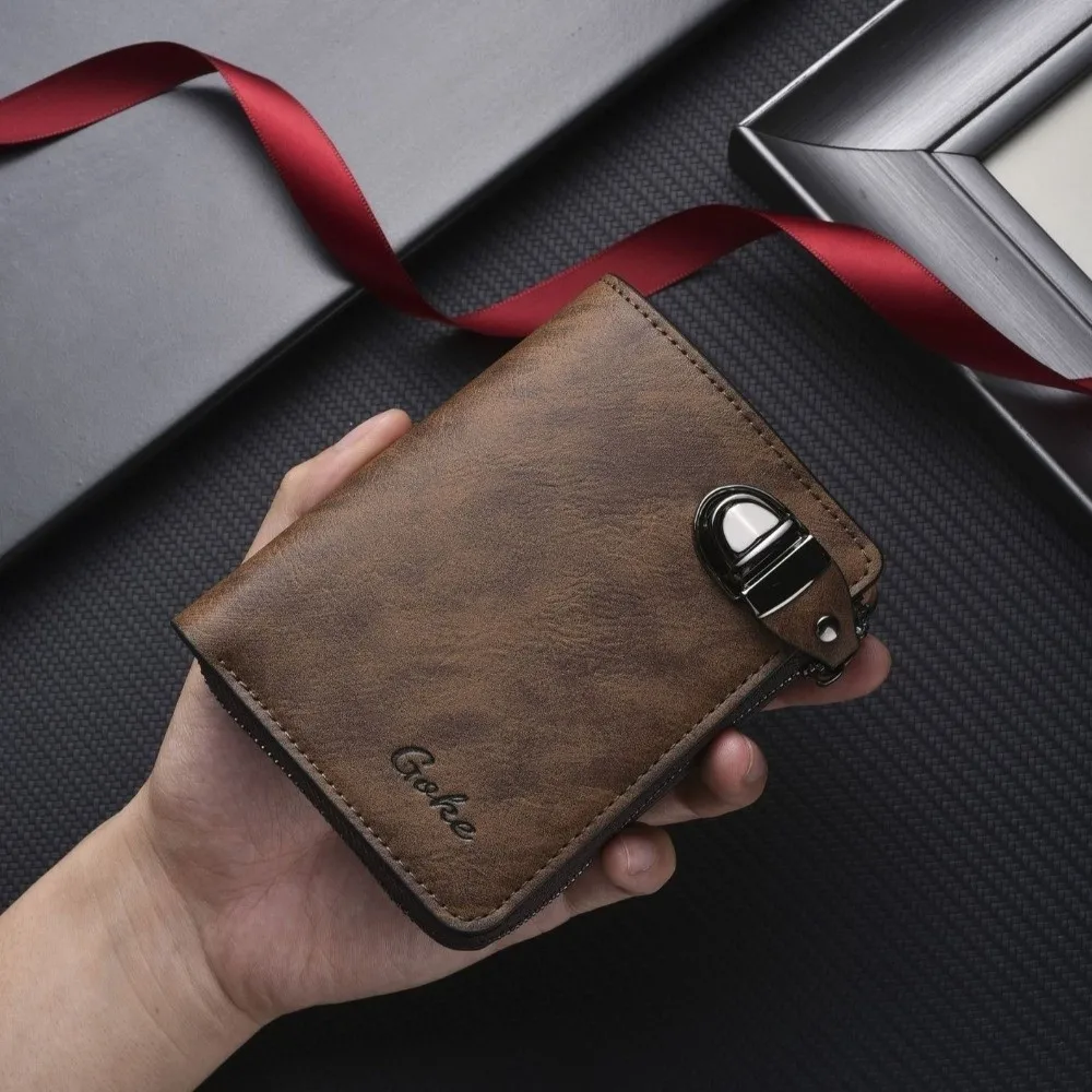 

Portable Zipper Men's Wallet Solid Color Multiple Card Slots Business Card Holder Short Buckle Leather Coin Purse Gift