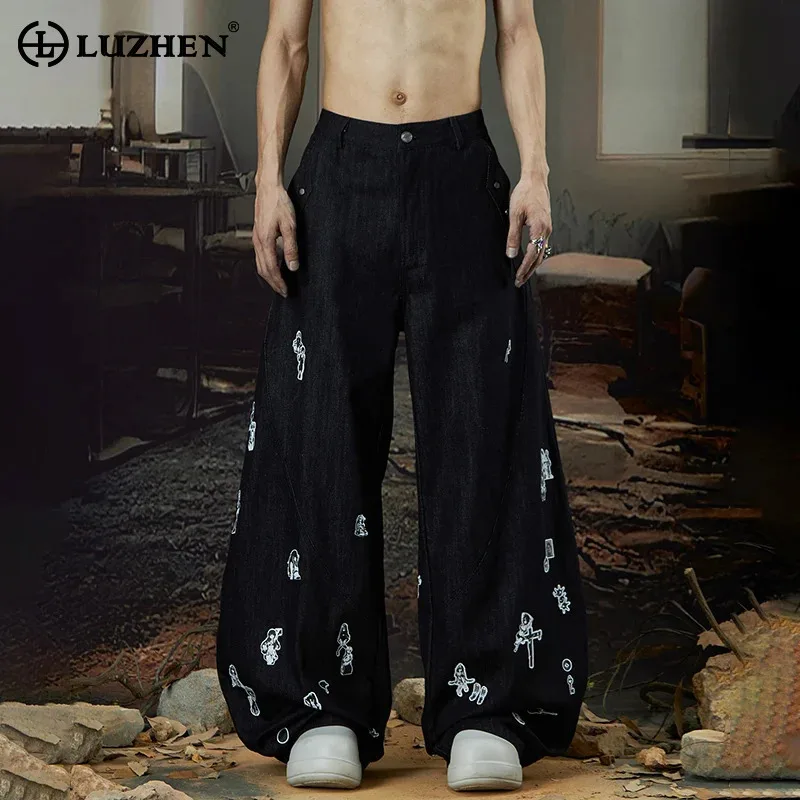 

LUZHEN Trendy Pattern Wide Leg Casual Denim Pants Men 2025 New Loose Personalized Streetwear Original Fashion Jeans Male JY2768
