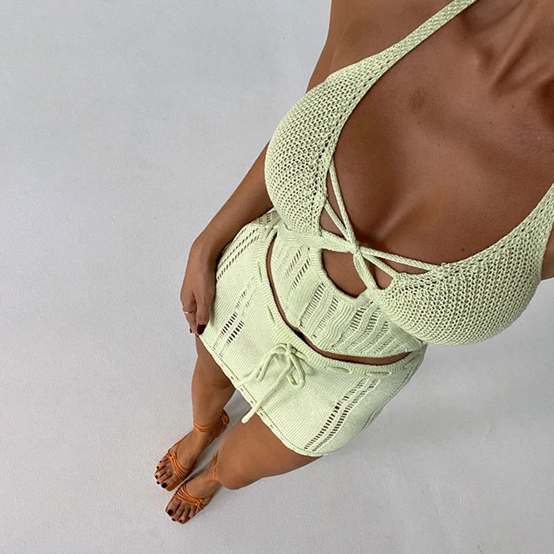 

Сплошной цвет, комплекты купальников с открытой лямкой на бретельках и бикини, сексуальный вязаный купальный комплект с открытой спиной, новинка 2025 года, комплекты пляжных коротких юбок