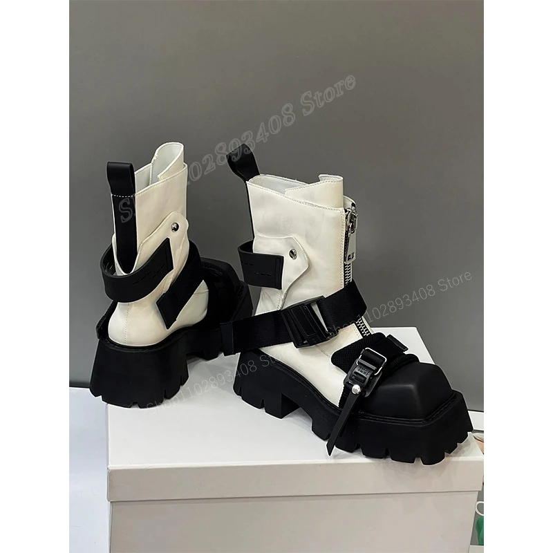 

Black and White Buckle Strap Ankle Boots Square Toe Thick Soled Zipper Women Shoes 2023 Fashion Sexy Cool Zapatos Para Mujere