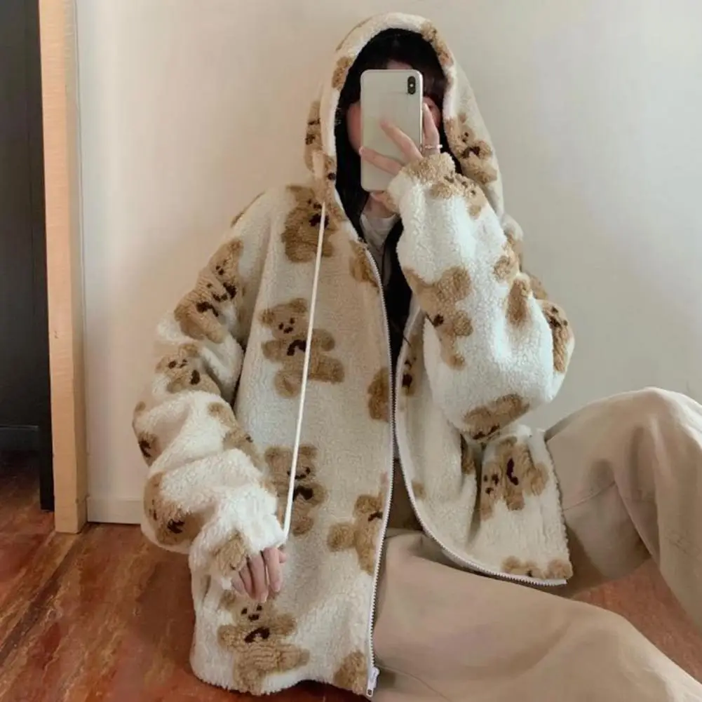 

Cartoon Bear Print Lady Winter Coat Fleece Plush Fleece Zipper Pockets Hoodie Coat Women Outwear Thermal Cardigan Sweatshirts