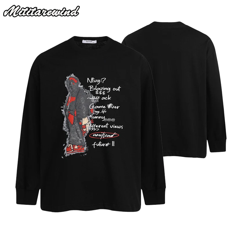 

High Street Long Sleeve Tee Shirt Men Letter Silhouette Printed Round Neck Sweatshirt Oversized T Shirt Fashion Cotton Tops Tees