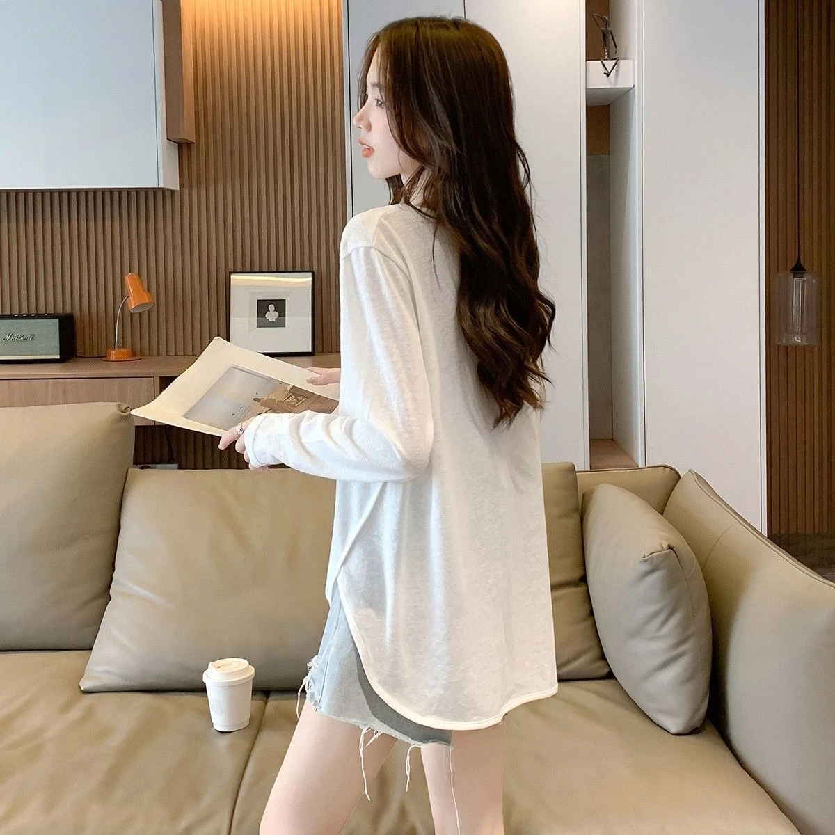 Fashionable Slub Cotton Light Long Sleeve T Shirt Women Spring Fall Korean Versatile Slimming Irregular Ins Top