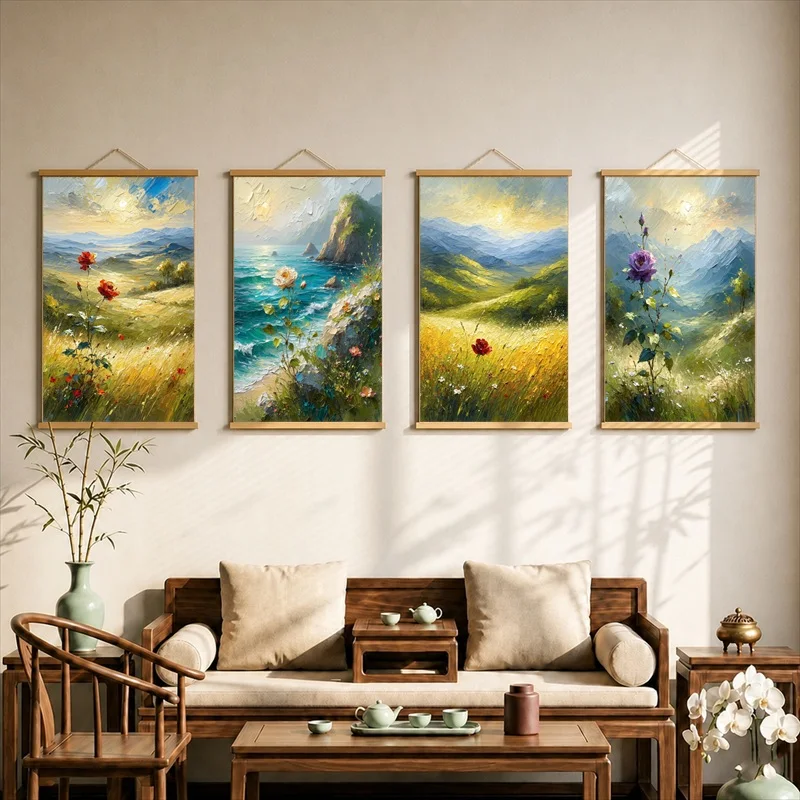 Wall Art Free Blooming Wild Roses, Romantic Botanical Pearlescent Canvas Hanging Scroll with Wooden Rods for Boutique Guesthouse