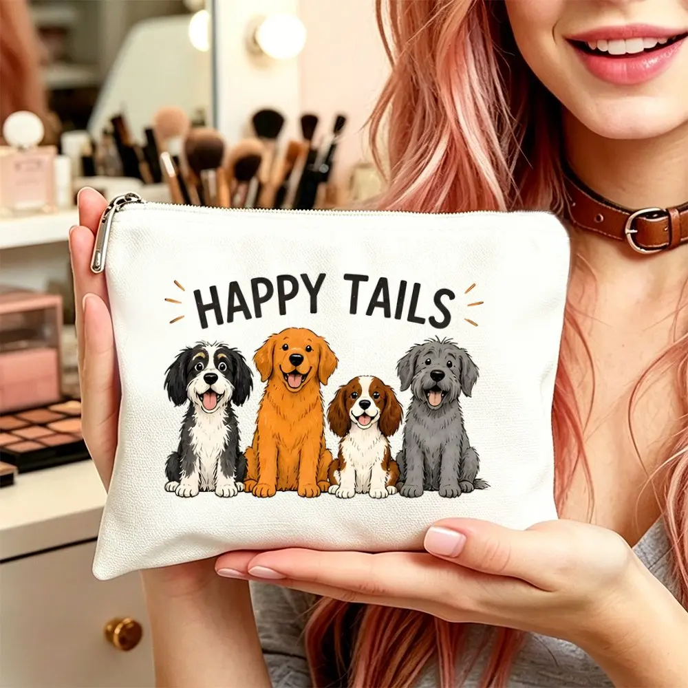 Happy Tails Puppy Print Makeup Bag Women Moms Puppy Cosmetic Toiletry with Zipper Closure Compact Travel Pouch Mom Daughters