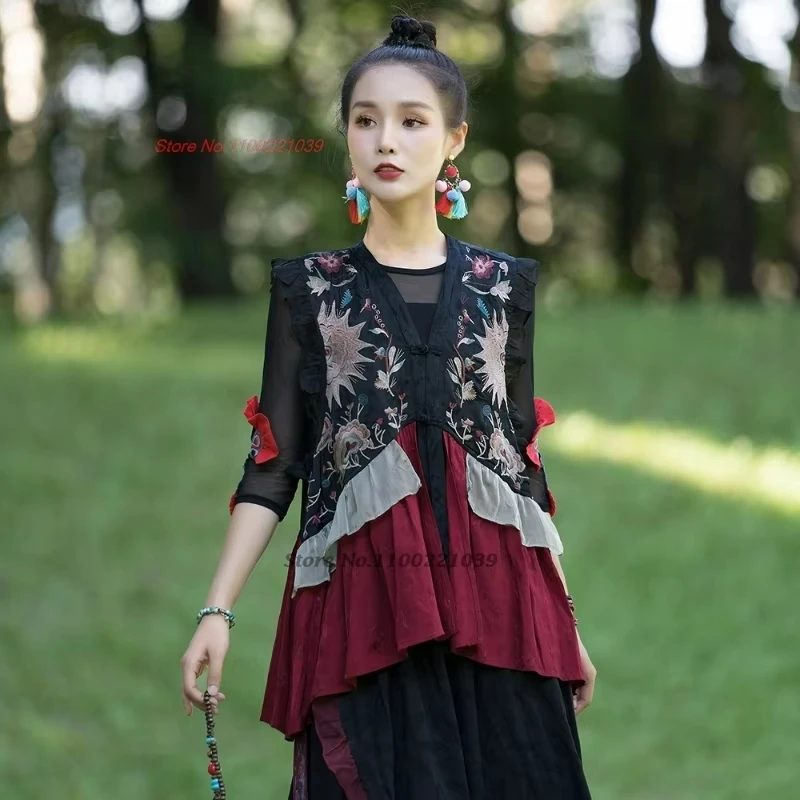 

2025 chinese vintage vest national flower embroidery satin jacquard patchwork vest vintage v-neck vest retro sleeveless jacket