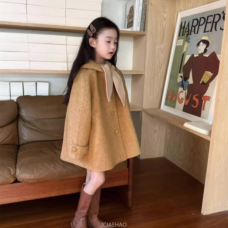 

Teen Girl Clothes 2025 Children Wool Double Hooded Cape Handmade Outerwear Costumes Faced Girls Coat Clothes Kids Herringbone