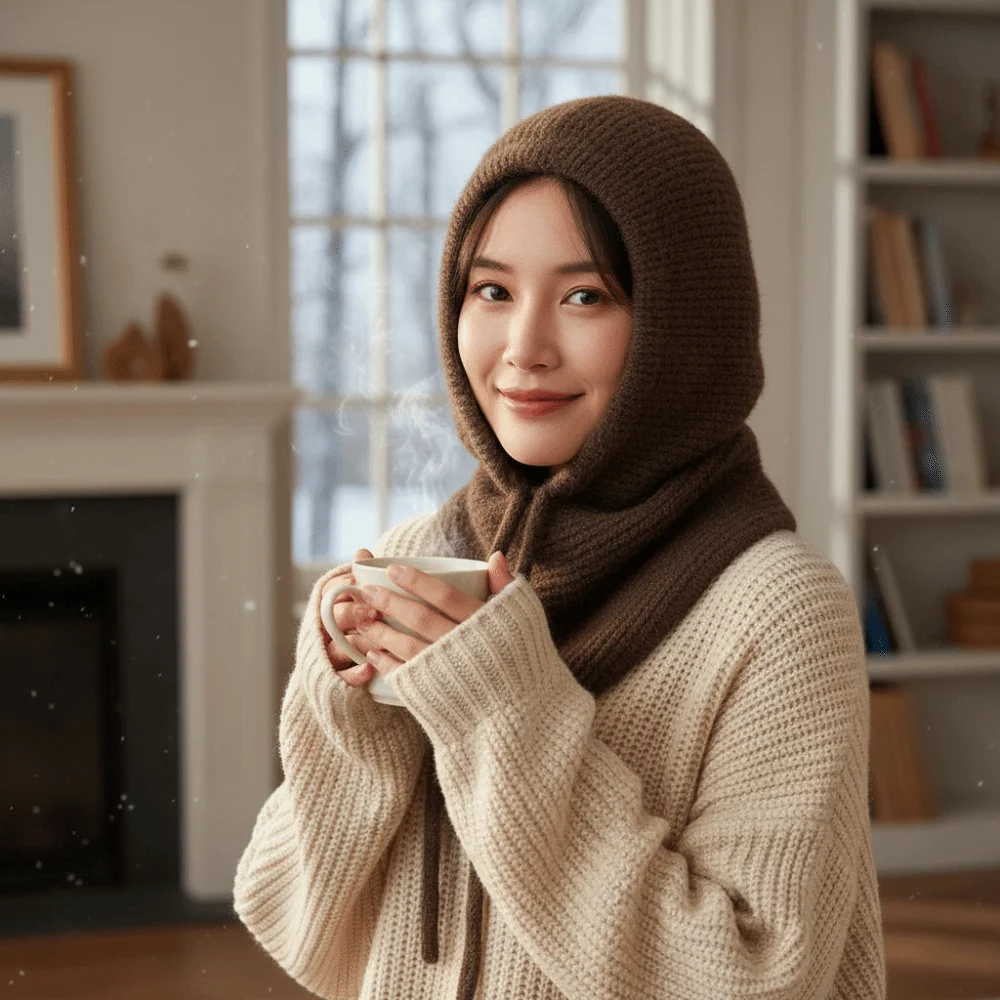 Trendy Style Winter Balaclava Hat Ear Protection Soft Texture Solid Color Beanie Elastic Ribbed Cozy Fleece Integrated Scarf Cap