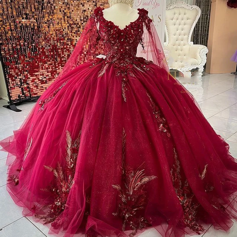 

Shiny Red Ball Gown Quinceanera Dresses Beaded Sparkly Flowers Appliques Sequined Crystal With Cape Sweet 15 16 Dress Prom Party