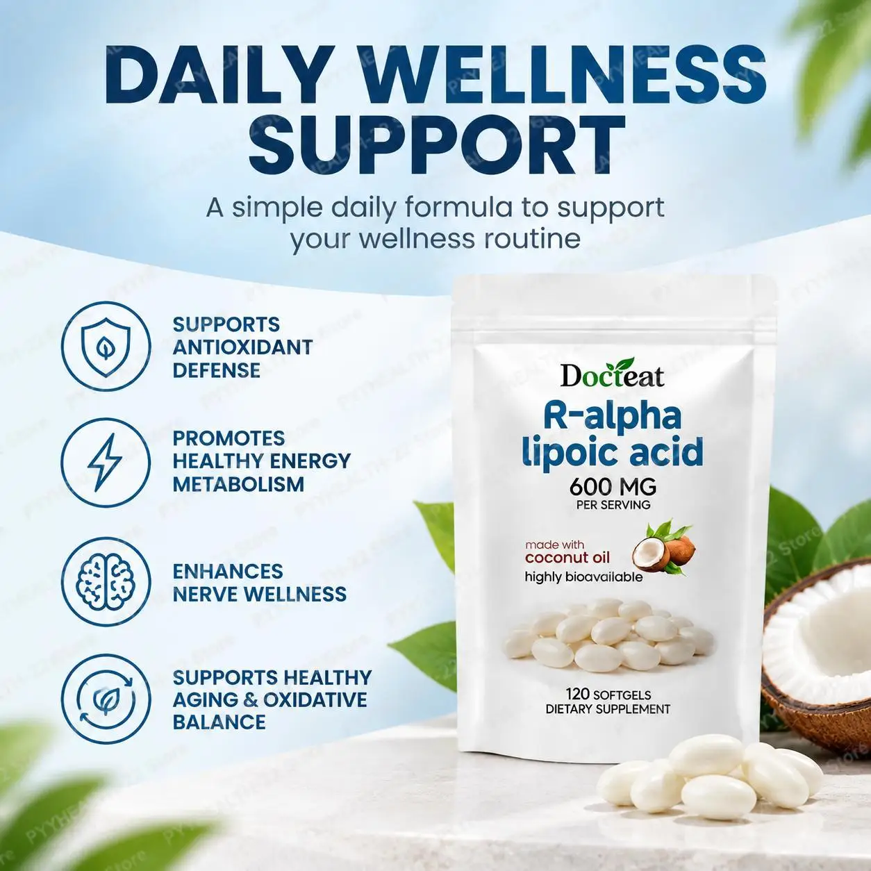 R-Alpha Lipoic Acid 600mg Softgels with Coconut Oil, Antioxidant Support, Promotes Energy Metabolism & Nerve Wellness, 120 Count