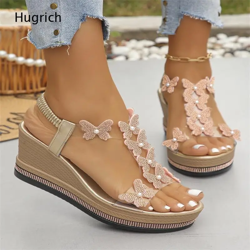 Rhinestone Butterfly Decor Wedge Sandals Transparent Strap Open Toe Platform Ankle Strap High Heel Summer Women Shoes view 4