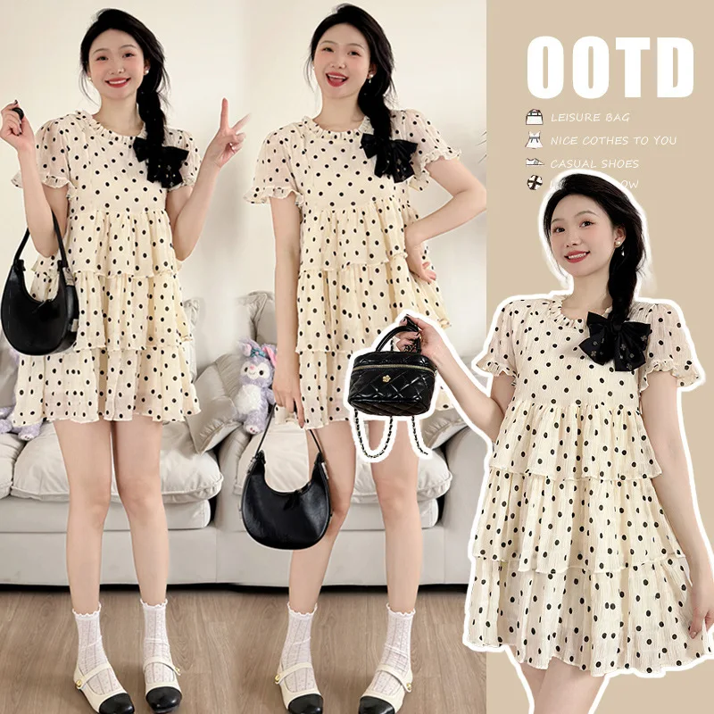 

Petite Maternity Dress - Polka Dot Tiered Dress for Pregnant Women, Flowy Retro-Inspired Summer Dress with Sweetheart Neckline