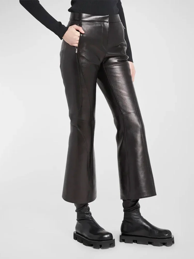 

Black Matte Leather Flare Pants With Pocket Women Chic Zip Splicing Cropped Pants Ladies Vintage Stretch PU Bell-Bottom Trousers